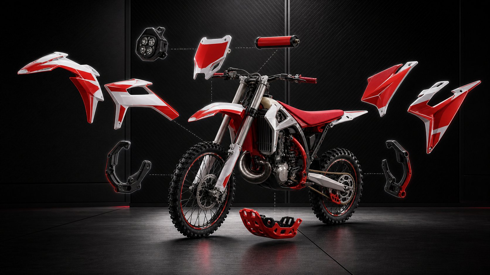 Concept exploded motorcycle with five mapped product groups separated around the central chassis