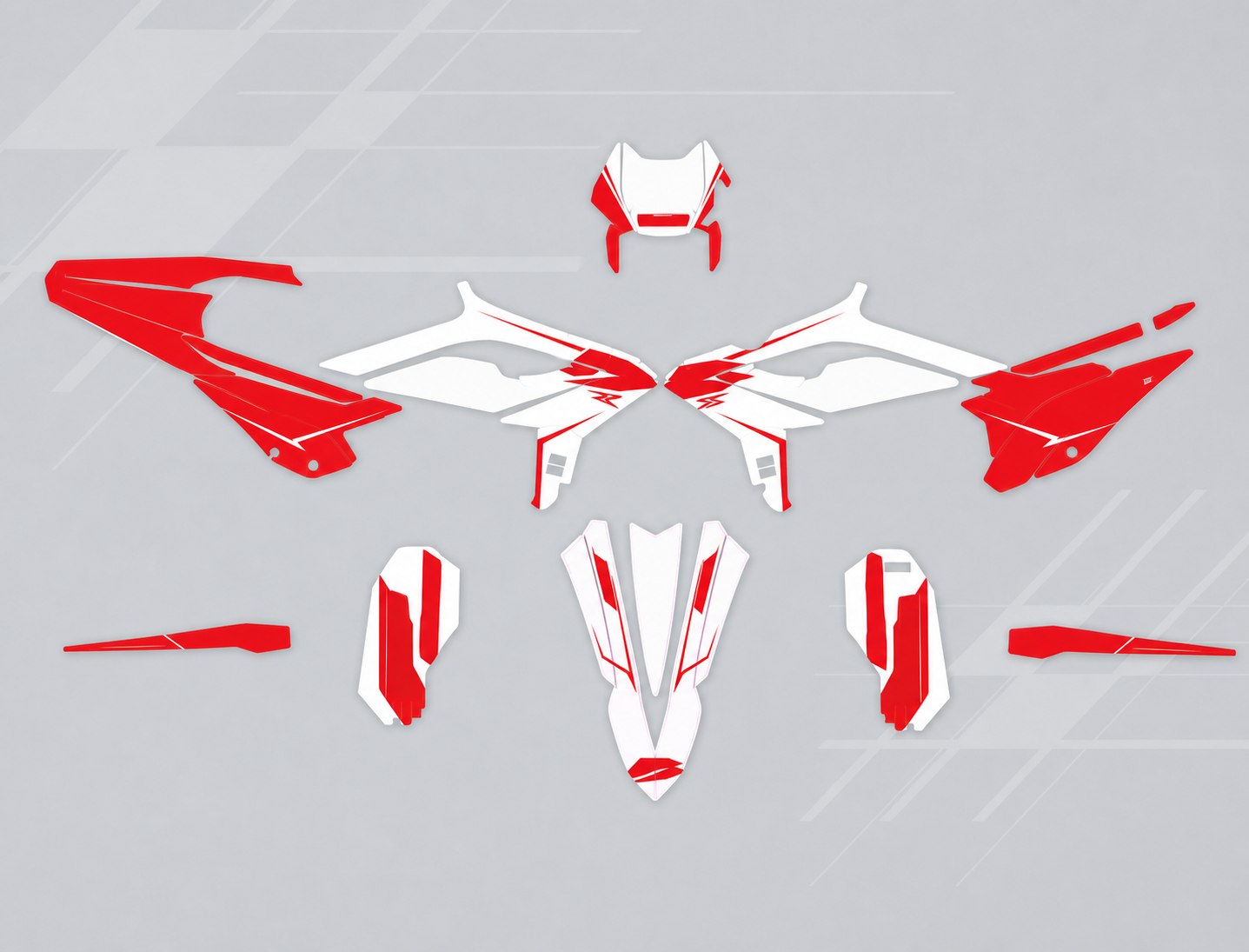 Reference-grounded red and white RR//88 graphics flat-lay concept