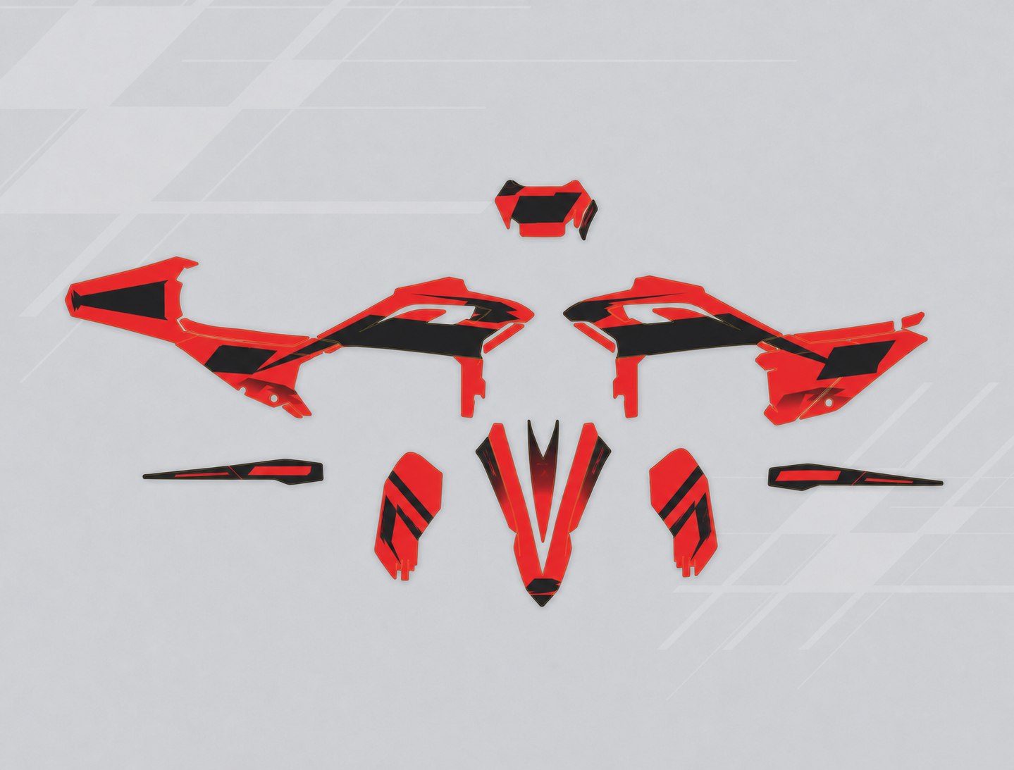 Reference-grounded race-red and black XPRO//67 graphics flat-lay concept